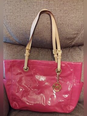 Michael Kors Patent Pink Tote with Beige Straps and Gold Hardware